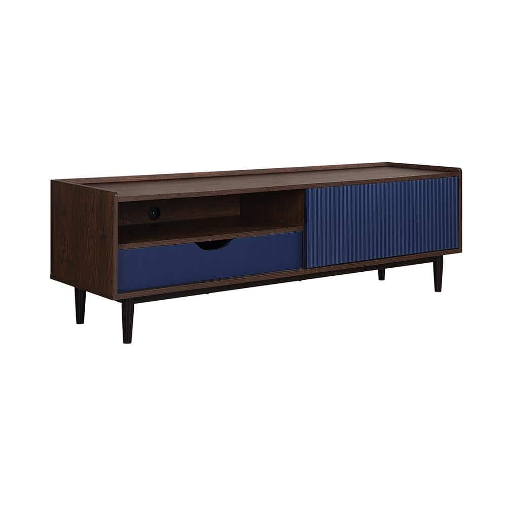 Duane Dark Brown and Navy Blue Ribbed TV Stand with Cabinet