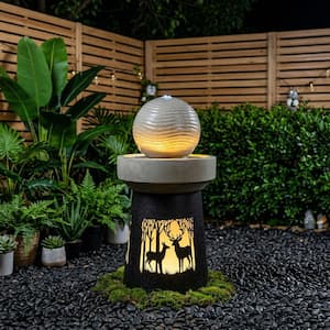 32.1 in. Garden Spherical Polyresin Cascading Waterfall Fountain with LED Leaf Silhouette Decorative Landscape Lamp
