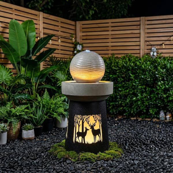 32.1 in. Garden Spherical Polyresin Cascading Waterfall Fountain with LED Leaf Silhouette Decorative Landscape Lamp