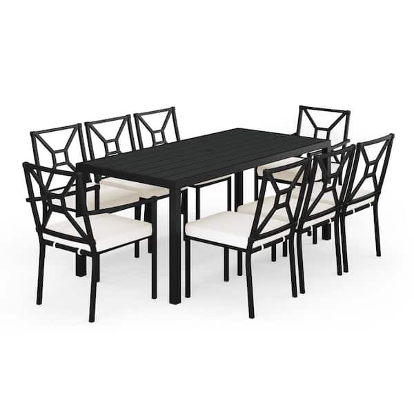 MARTHA STEWART Lily Pond Black Steel 9-Piece Indoor-Outdoor Dining Set with 8 Stackable Dining Chairs and 70 in. Table
