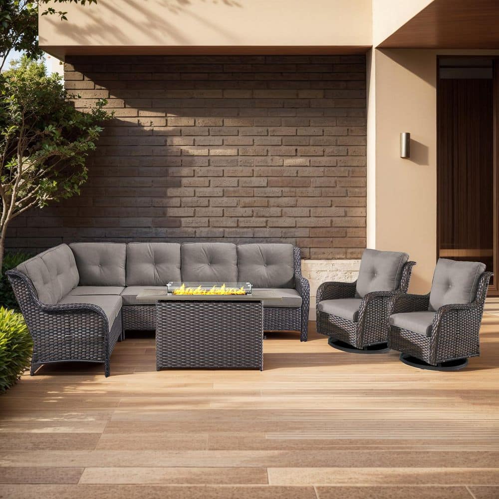 Arcline 5-Piece Brown Wicker Fire Pit Conversation Set with Olefin Gray Cushions L-Shaped Sofa with Patio Swivel Chairs price history on PriceWatchPro