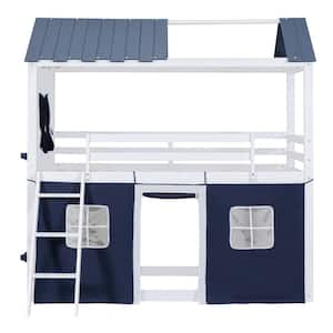 Blue Plus White Twin Size Bunk Wood House Bed with Elegant Windows, Sills and Tent