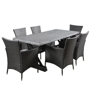Capri Gray 7-Piece Faux Rattan Outdoor Dining Set with Grey Cushions