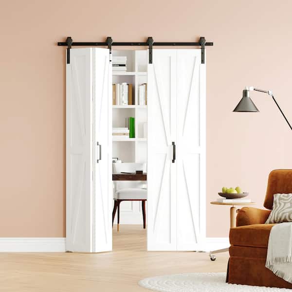 48 in. x 84 in. (24 in. W x2) White, Finished, MDF, K Shaped, Bi-Fold Style Sliding Barn Door with Hardware Kit