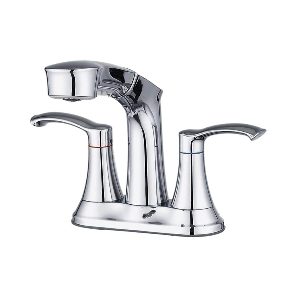 PROOX 4 in. Centerset Double Handle High Arc Bathroom Faucet with Pull Out Sprayer in Polished