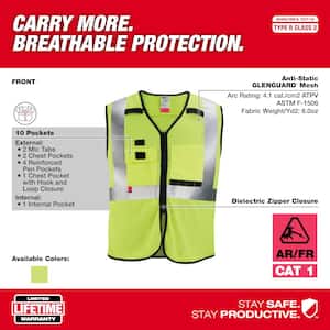 Arc-Rated/Flame-Resistant Large/X-Large Yellow Mesh Class 2 High Visibility Safety Vest with 10-Pockets