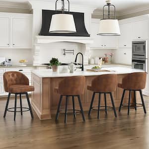 26 in. Brown Faux Leather Metal Frame Upholstered Counter Height Swivel Bar Stools with Bronze Rivets (Set of 4)