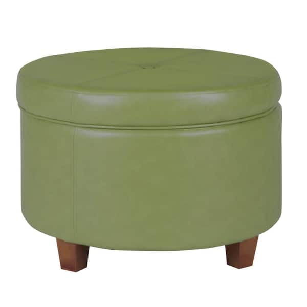 Benjara Green Faux Leather Round Storage Ottoman