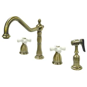 Heritage 2-Handle Standard Kitchen Faucet with Side Sprayer in Antique Brass