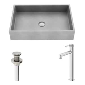 Orvieto Gray Concreto Stone Rectangular Bathroom Vessel Sink with Sterling Faucet and Pop-Up Drain in Brushed Nickel