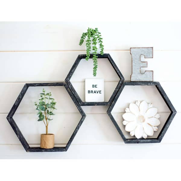 Set of 3 Metal Wire Hexagon Design Wall-Mounted Shelves Black 