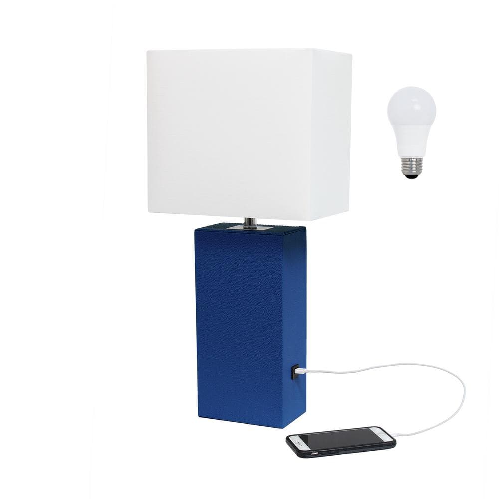 21 in. Blue Modern Leather Wrapped Table Lamp, with LED Bulb Included