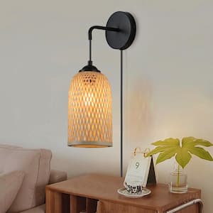 Industrial 7.87 in. Bamboo 1-Light Metal Base Basket Plug in Wall Sconces, Rustic Adjustable Height Wall Lamp