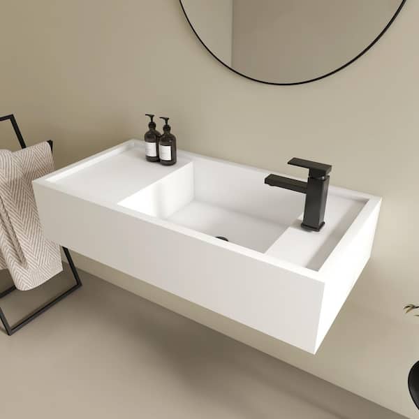39 x 19 in. Solid Surface Wall Mount Bathroom Vessel Sink with Faucet Hole in Right