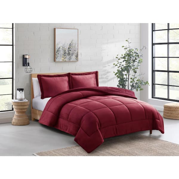 Sweet Home Collection Dante 3-Piece Solid Fleece Sherpa Super Soft Comforter Set, King, Burgundy