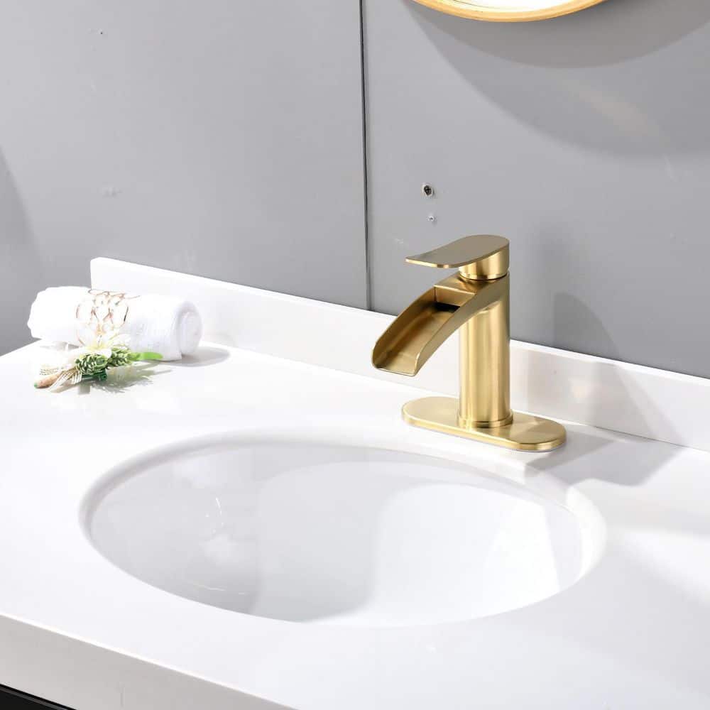 Brushed Gold Single Handle Waterfall Bathroom Faucet with Deck Plate