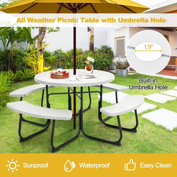 75 in. White Round HDPE Picnic Table and Bench Set Seats 8 People with Umbrella Hole
