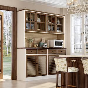 Brown Wood 61.3 in. W Sideboard Buffet Hutch Kitchen Cabinet Food Pantry With Louvered Doors and Adjustable Shelves