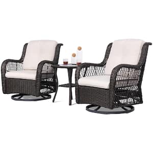 3-Piece Brown Wicker Outdoor Swivel Rocking Chair Set with Cream Cushions Patio Conversation Set (2-Chair)