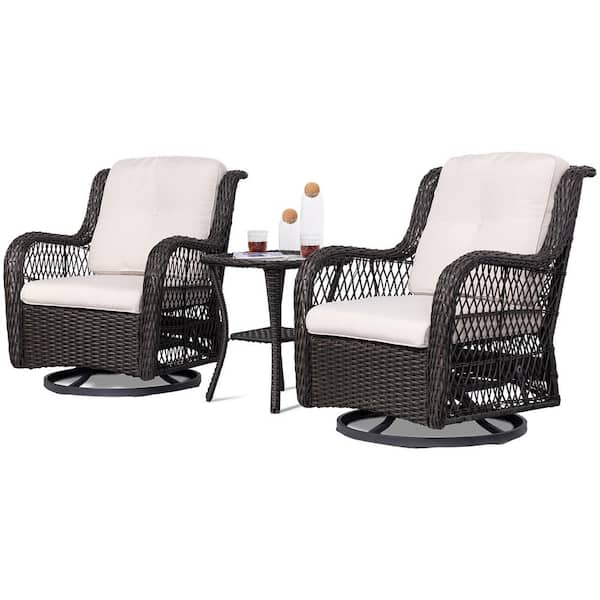 Gardenbee 3-Piece Brown Wicker Outdoor Swivel Rocking Chair Set with Cream Cushions Patio Conversation Set (2-Chair)