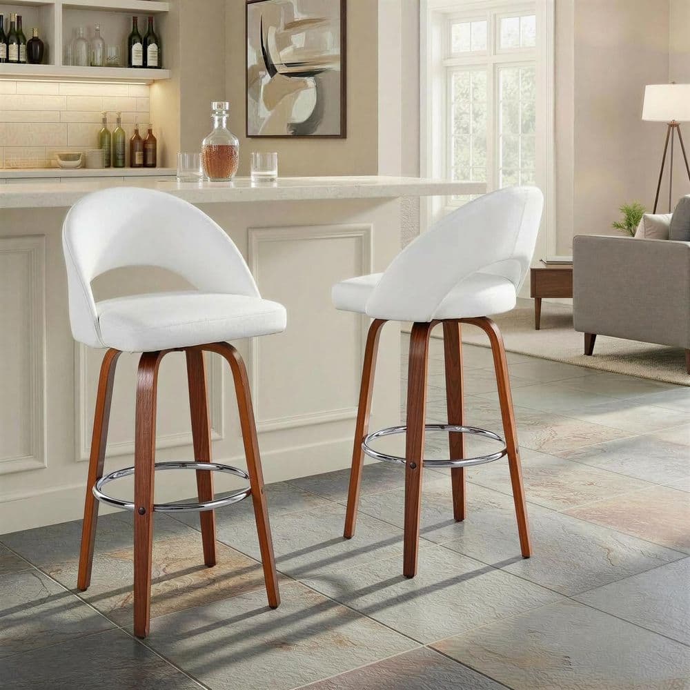 Renee Upholstered 42.25 in. White Faux Leather, Walnut Wood and Chrome Metal Fixed-Height Bar Stool (Set of 2) price history on PriceWatchPro