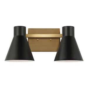 Towner 15.75 in. 2-Light Satin Brass Modern Contemporary Wall Bathroom Vanity Light with Black Metal Shades