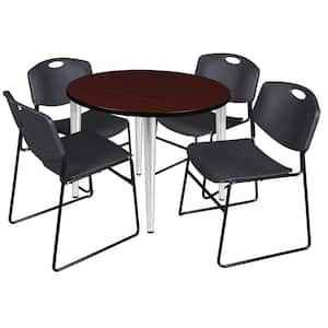 Trueno 42 in. Round Mahogany & Chrome Wood Breakroom Table & 4 Black Zeng Stack Chairs, Seats 4