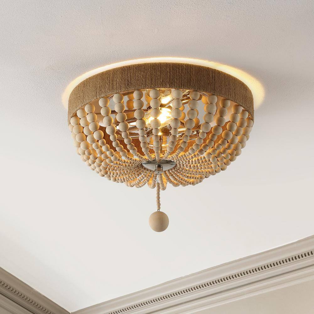 Rustic Farmhouse 14" Chrome Drum LED Flush Mount with Wood Bead Shade