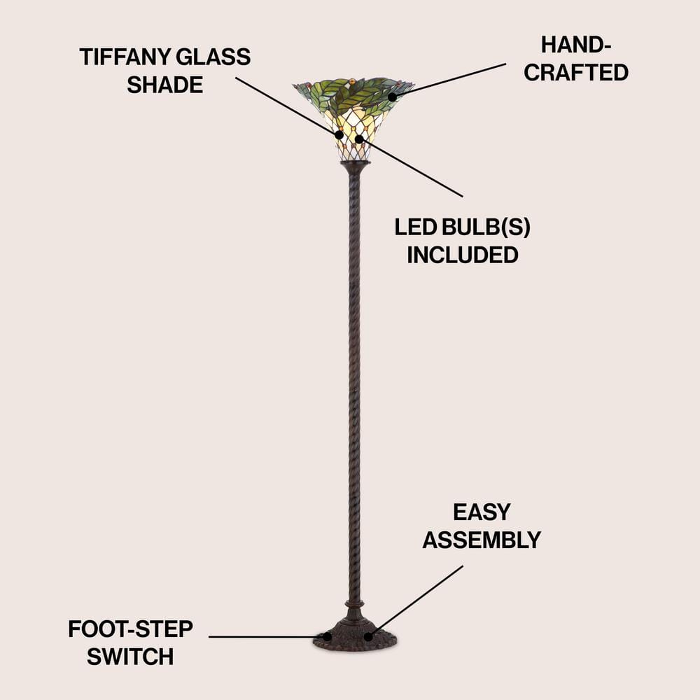 Botanical Tiffany-Style 71" Bronze Stained Glass Torchiere Lamp