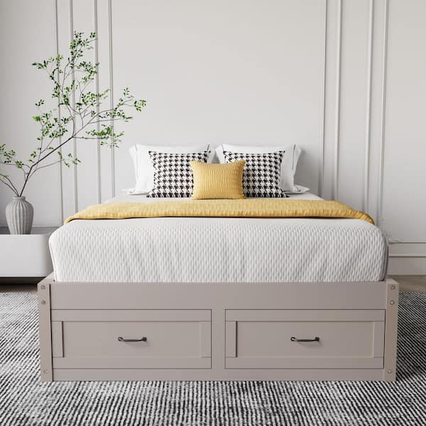 Qualler Antique White Wooden Frame Full Size Platform Bed with 6 Underneath Drawers