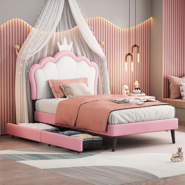 Pink and White Wood Frame Twin Size Princess Platform Bed with Crown Headboard and 2 Drawers