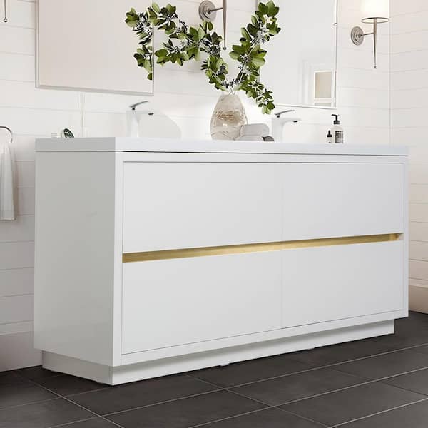 Lafarre 70.87 in. W x 19.69 in. D Double Sink Freestanding Bath Vanity in Glossy White with White Resin Top Assembled