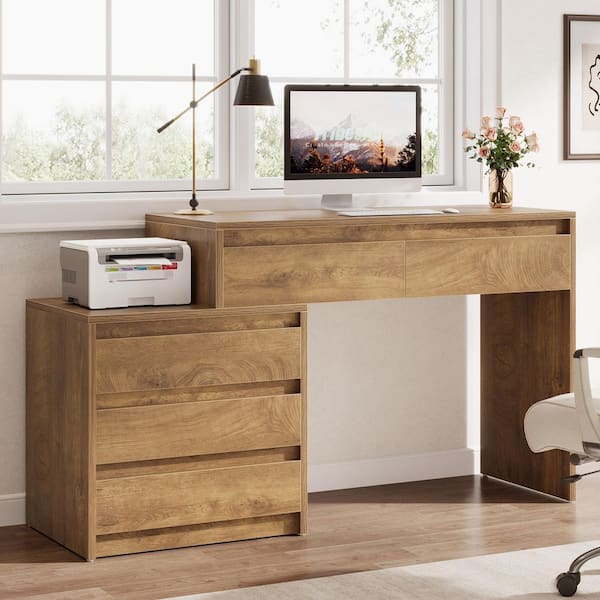 BYBLIGHT Moronia 63 in. Rectangle Brown Wood 5-Drawer Computer Desk Office Executive Desk with File Cabinet and Printer Stand