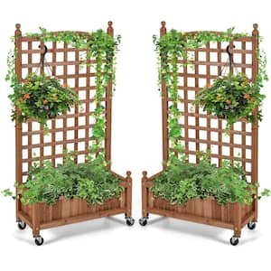 50 in. Brown Wood Planter Box with Trellis and Wheels Mobile Plant Raised Bed for Indoor and Outdoor (2-Pack)