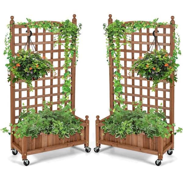 HONEY JOY 50 in. Brown Wood Planter Box with Trellis and Wheels Mobile Plant Raised Bed for Indoor and Outdoor (2-Pack)