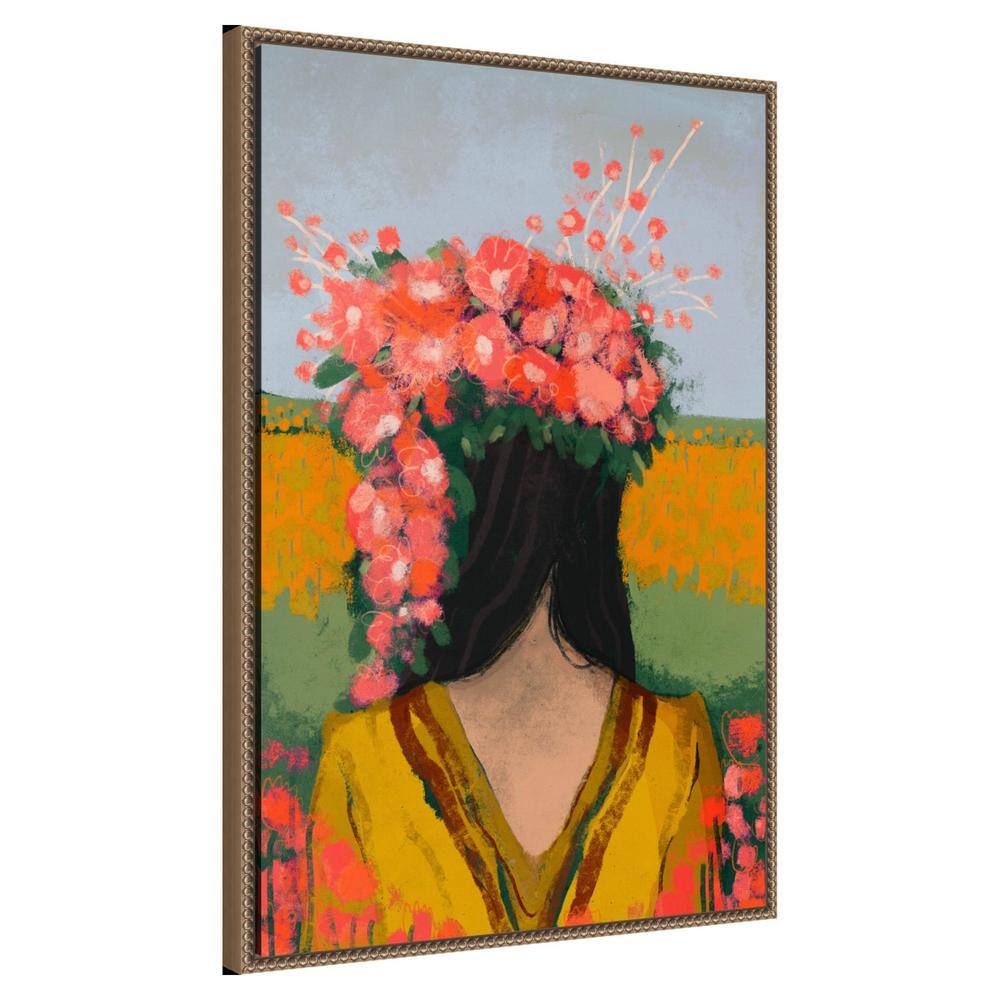 Woman with Floral Wreath Abstract Canvas Print in Bronze Frame