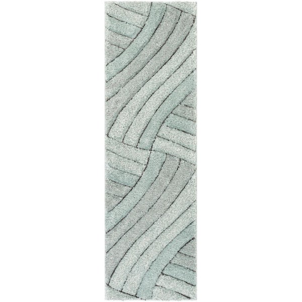 San Francisco Ucci Blue Modern Geometric Stripes 2 ft. 7 in. x 9 ft. 10 in. 3D Carved Shag Runner Rug