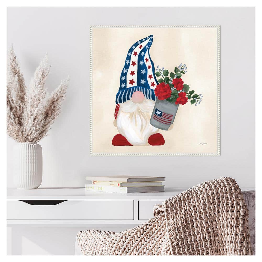 Patriotic Gnome with Red Flowers Canvas Art Print in White Frame