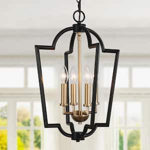 Black and Gold Kitchen Chandelier Light, 4-Light Modern Farmhouse Dining Room Lantern Cage Candle Chandelier