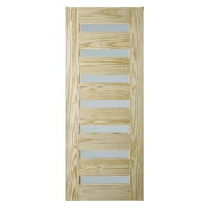 33 in. x 84 in. Milan Unfinished 7-Lite Clear Pine with Frosted Tempered Glass Inserts Interior Barn Door Slab