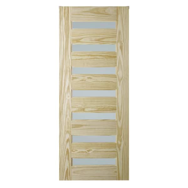 Colonial Elegance 33 in. x 84 in. Milan Unfinished 7-Lite Clear Pine with Frosted Glass Barn Door Slab
