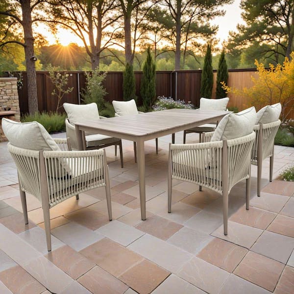 Bali 7-Piece Brown Aluminum Outdoor Dining Table Set with a Rectangular Table, 6-Chairs, and Cast Natural Cushions