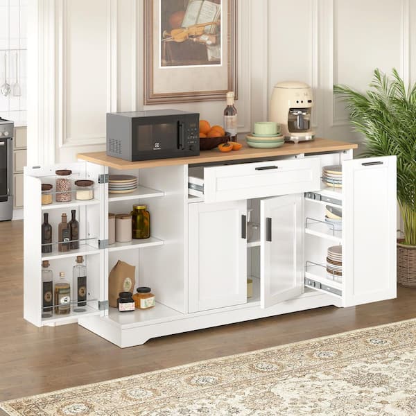 White 53.7 in. W Multi-Functional Wood Sideboard Buffet Kitchen Island with 3-Tier Pull-Out Rack, 180° Opening Door