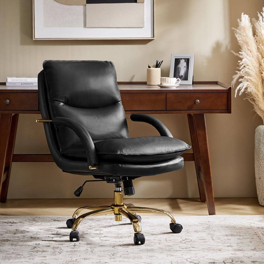 JAYDEN CREATION Calel Black Genuine Leather Swivel Office Chair