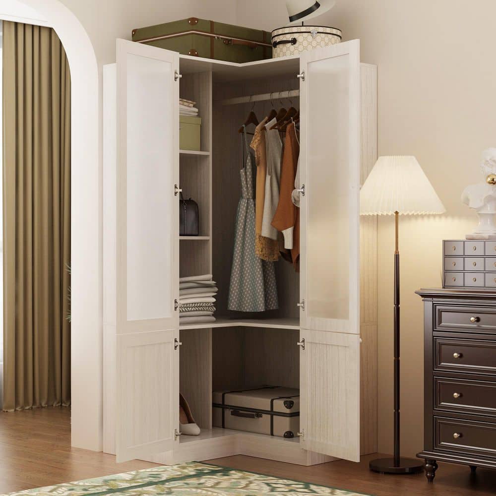Light Wood Finish Wood 16.3 in. Bedroom Armoire with Frosted Tempered Glass Doors and Corner Design - thumbnail 2
