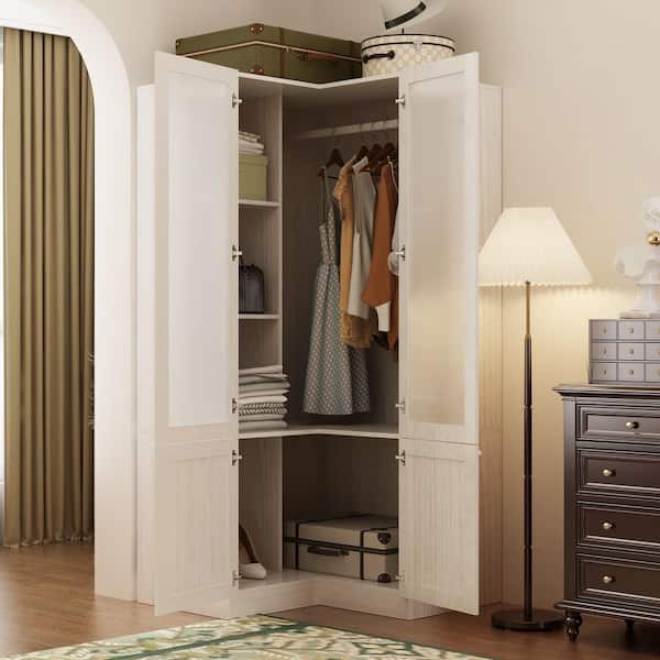 Light Wood Finish Wood 16.3 in. Bedroom Armoire with Frosted Tempered Glass Doors and Corner Design