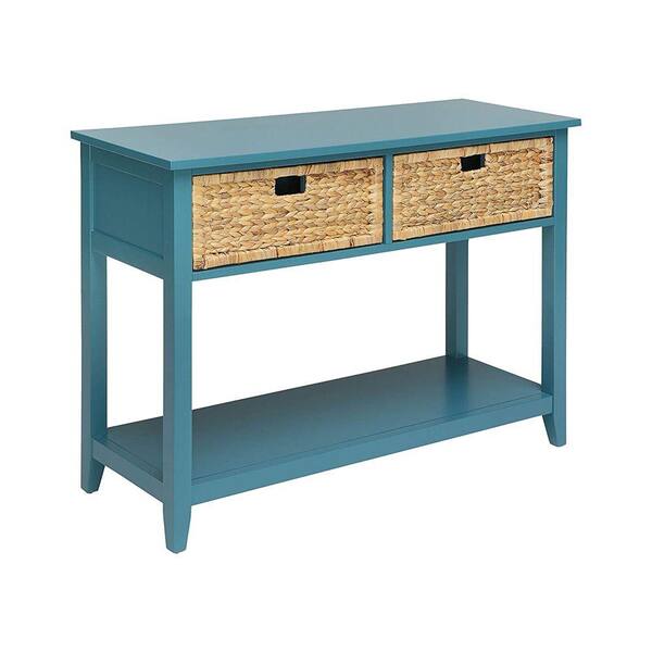 Benjara 44 In L Blue 2 Weave Front, Owings Console Table With 2 Shelves Rustic