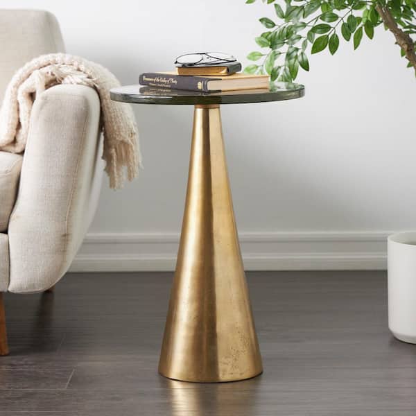 Litton Lane 16 in. Gold Cone Geometric Large Round Glass End Table with Textured Glass Tabletop