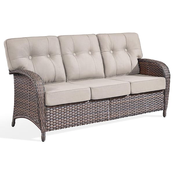 Modern Seaside Series 3-Seat Wicker Outdoor Patio Sofa Couch with Deep Seating and Beige Cushions