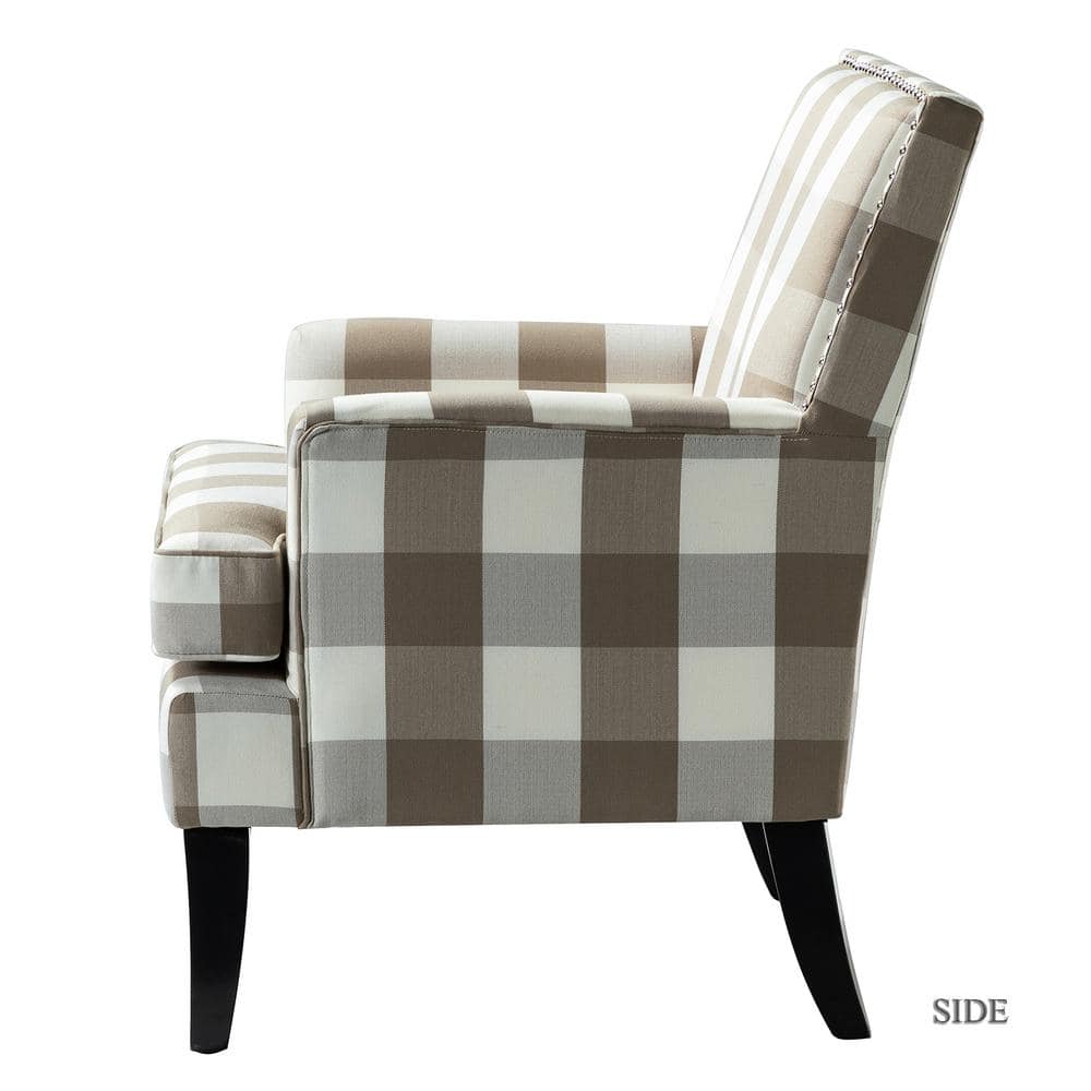 Plaid Beige Upholstered Accent Chair with Nailhead Trim